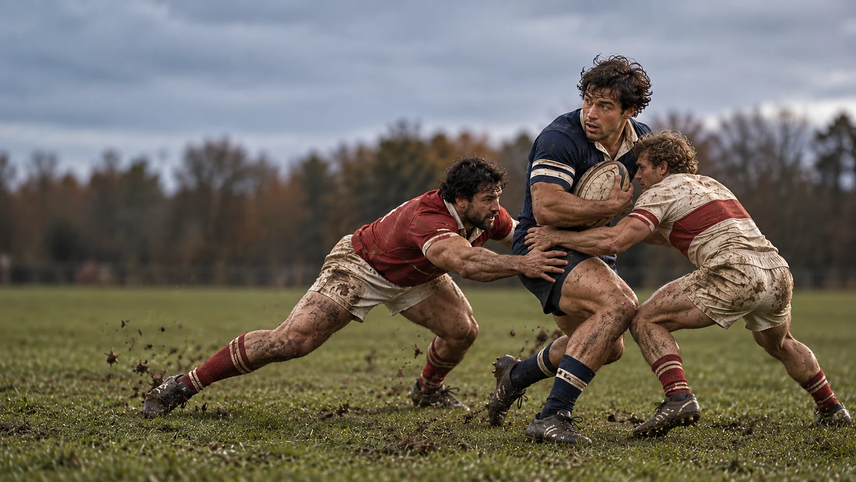 Concept image: a ball carrier in navy drives forward with the oval ball held to his chest while two challengers make contact — one in red lunges in from the front-left, the other in ivory wraps in from the right