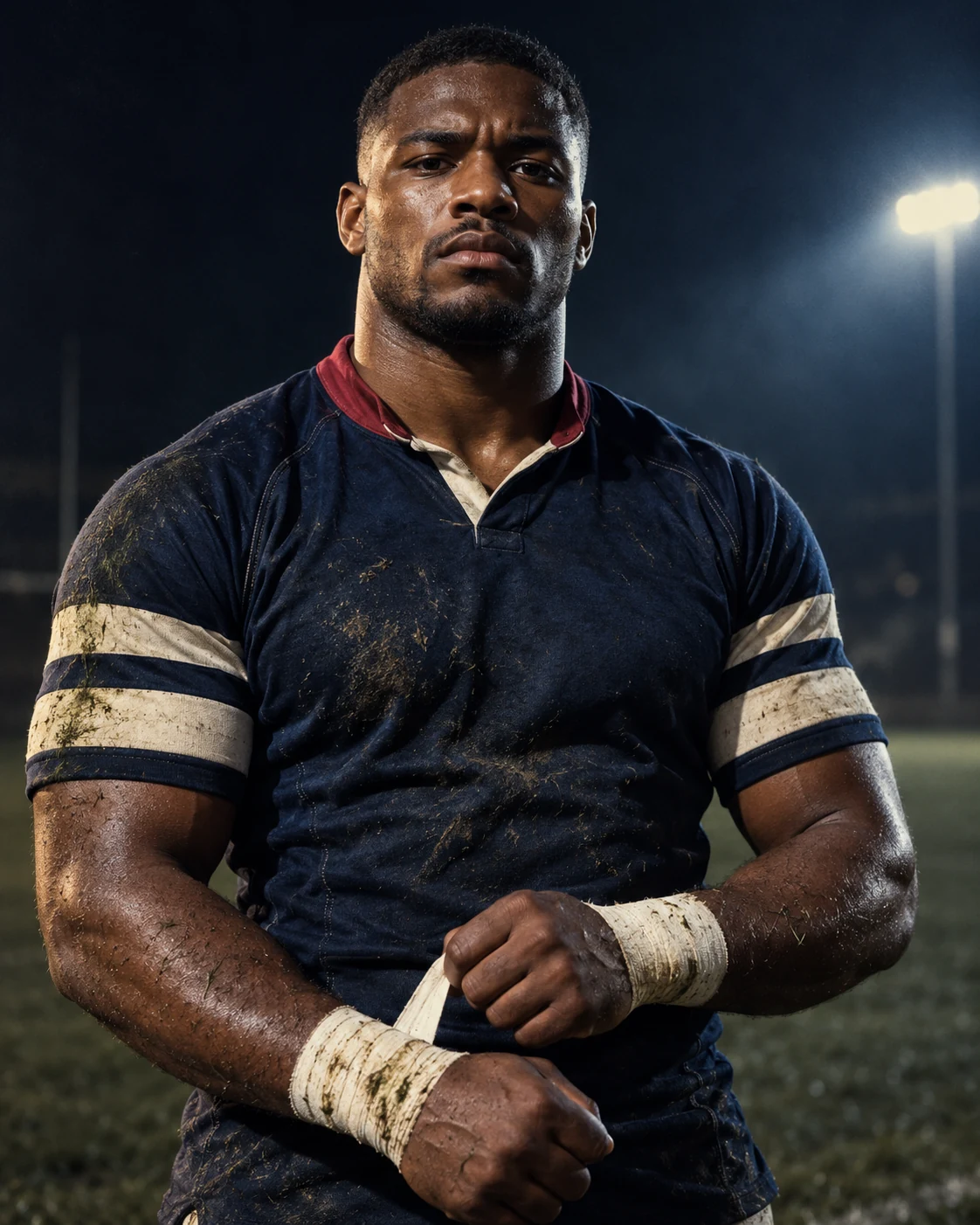 Concept portrait: a muddied athlete in a navy jersey tapes his wrists under floodlights